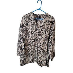 Mercer & Madison Size 2X Womens Top Tan Black Floral 100% Linen Button Up Shirt